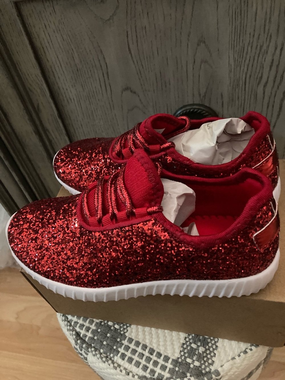 Sparkling Red Sequin Kids Sneaker with White Sole - Picture 7 of 7